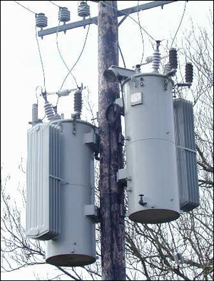 This bank of two VR-32 11KV, 200A, Automatic Voltage Regulators connected in open delta 
